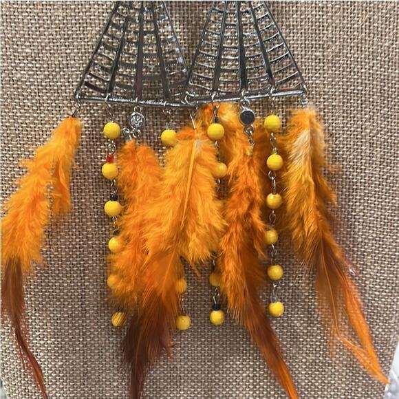 Boho Chic Pattern Metal Chandelier With Beads And Orange Feathers Earrings - Picture 7 of 12